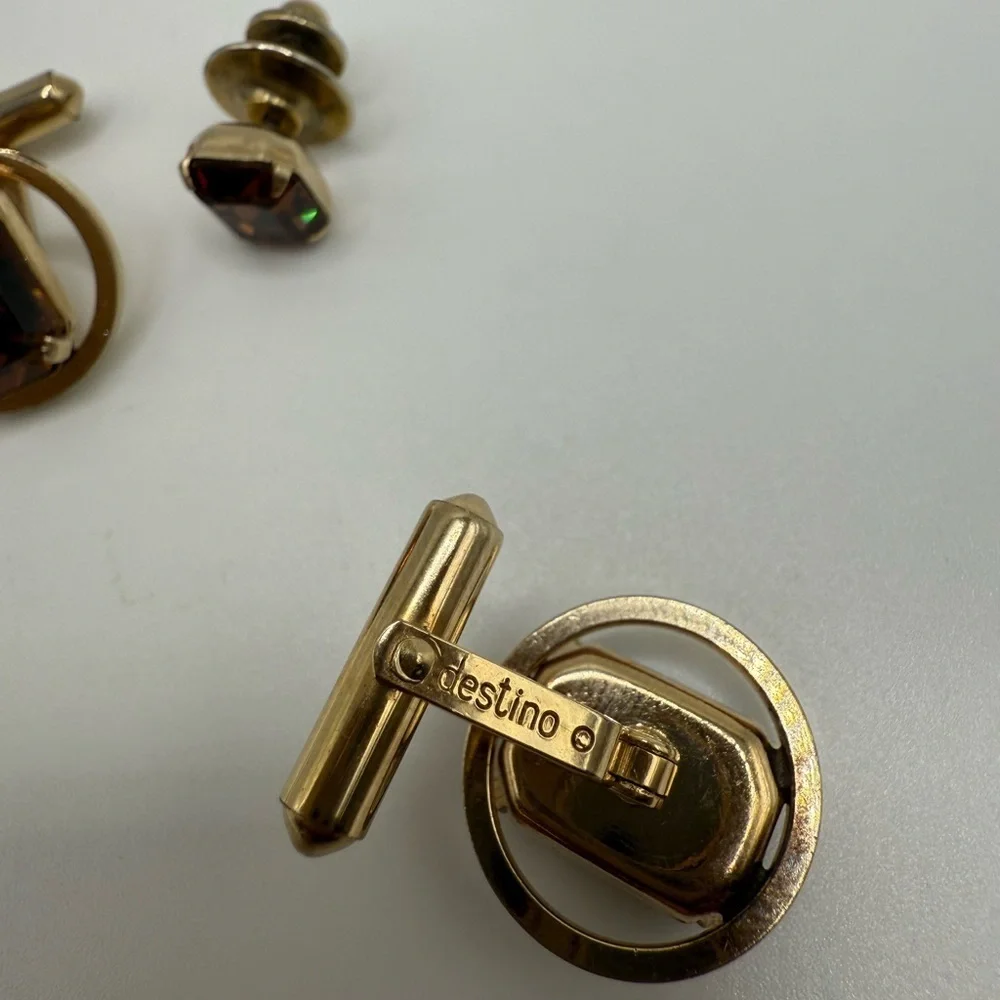 ✨ Vintage Destino 12K Gold-Filled Cufflinks & Stud Set – Smoky Brown Glass